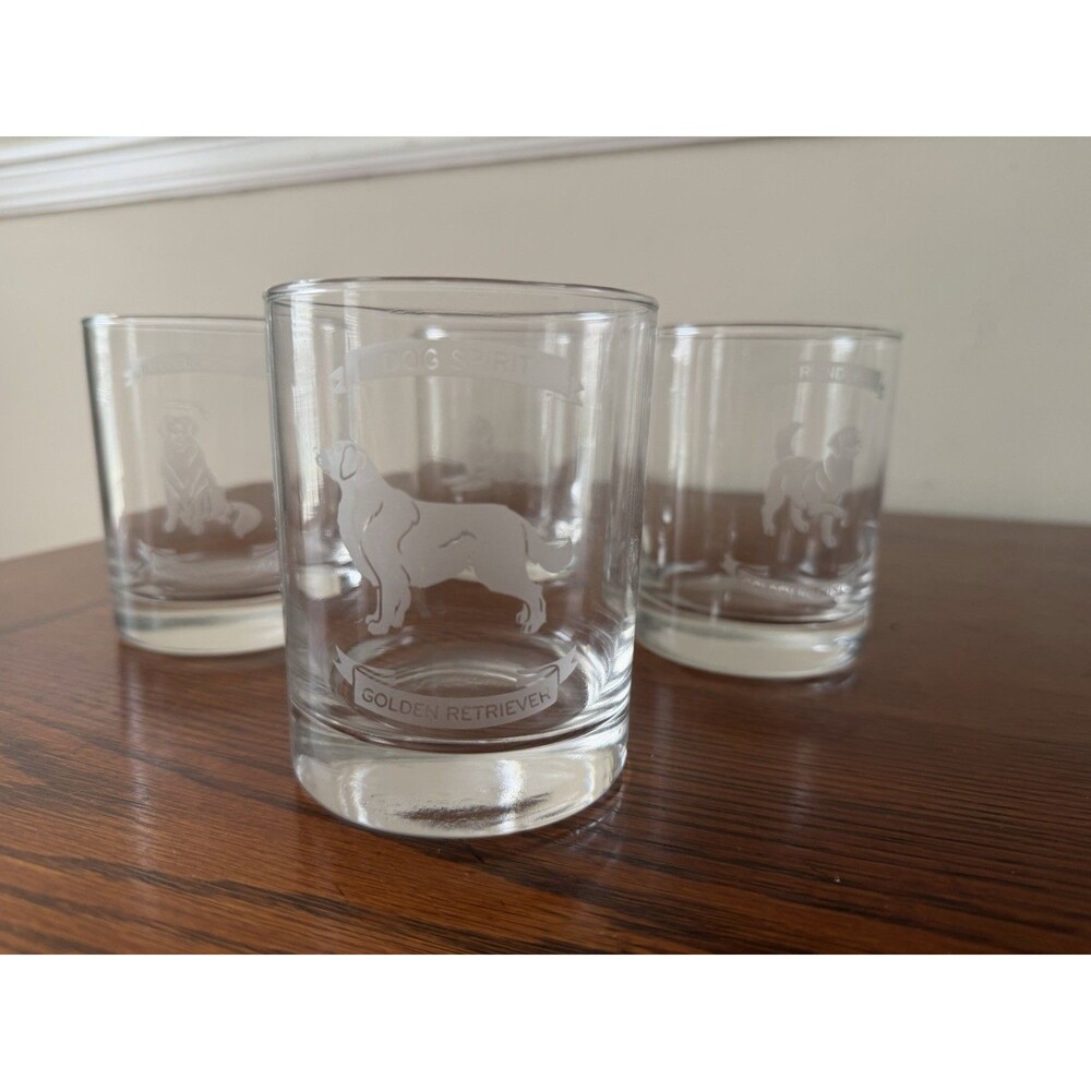 GOLDEN RETRIEVER 10 OZ ETCHED DRINKING ROCKS GLASSES TUMBLERS SET OF 4